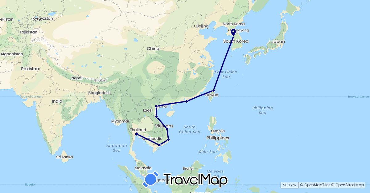 TravelMap itinerary: driving in China, South Korea, Thailand, Taiwan, Vietnam (Asia)